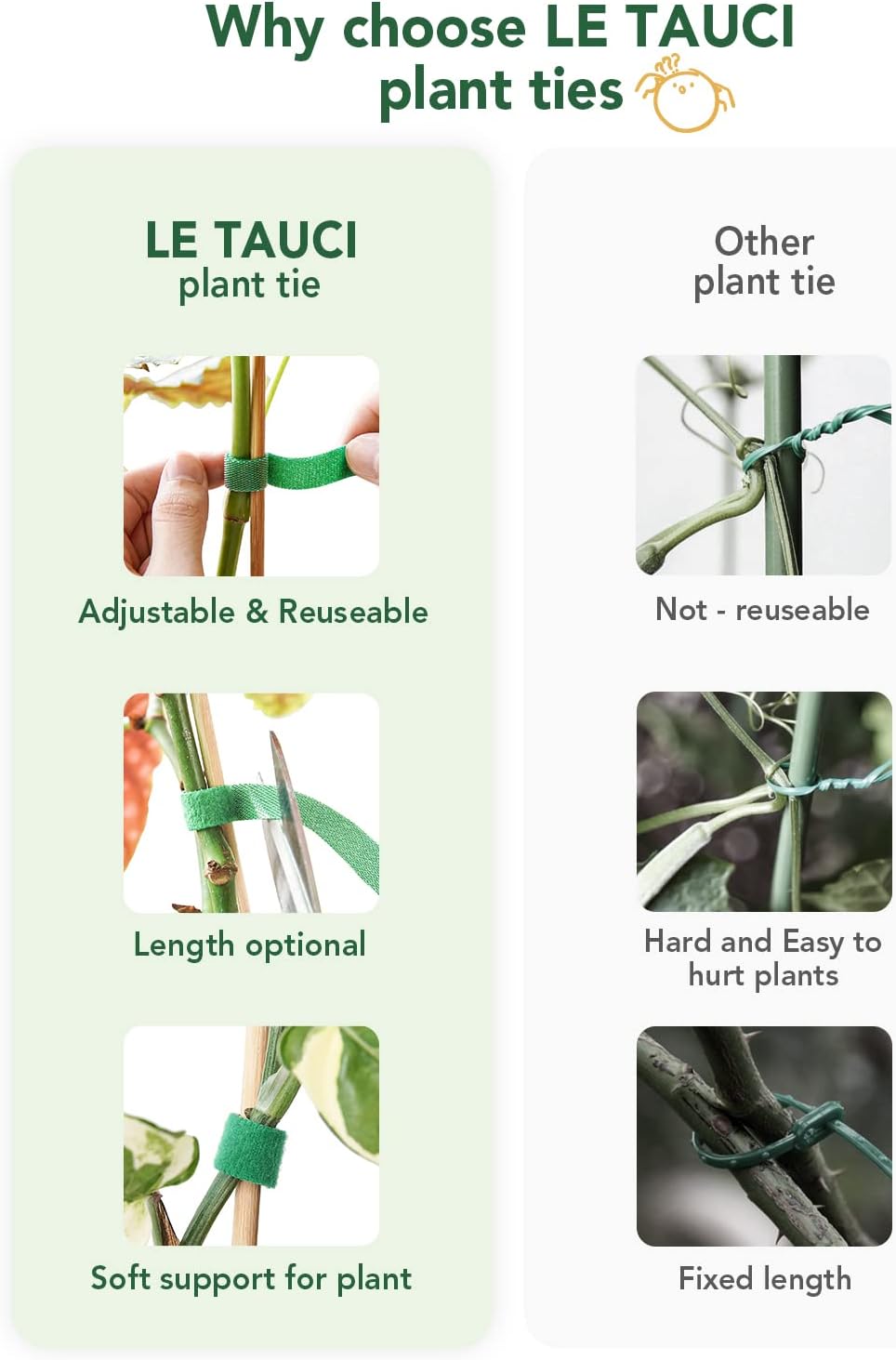 LE TAUCI Plant Ties, Garden Tape for Plant, Reusable Adjustable Thicker Support for Growing, Strong Grip, Tomato Vines Indoor Outdoor, 100 ft (2 roll 50ft) x 0.47 Inch, Green