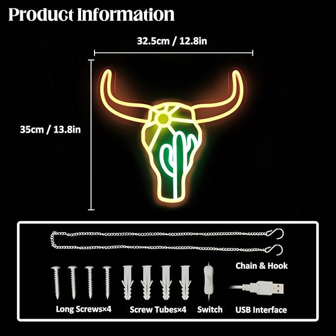 Bull Cactus Sun Neon Sign Texas Longhorn Bull Neon Lights for Bedroom Western Landscape LED Sign Cow Head Neon Lights Signs Orange Cowboy Light Up Signs for Wall Bar Man Cave Game Room Decor