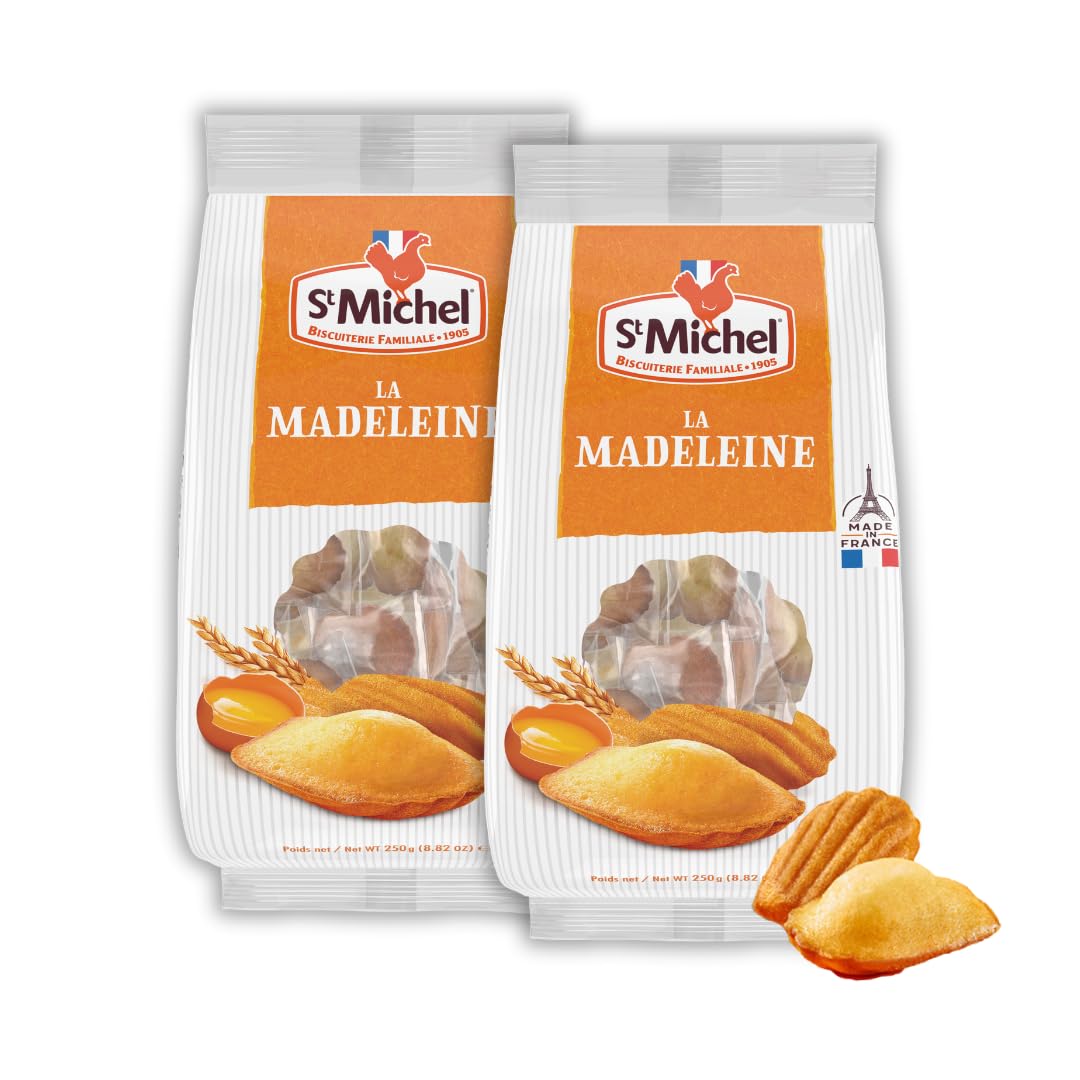 St Michel Traditional Madeleines French Sponge Cakes Made In France, Pack of 2 (250g each) Non-GMO. Total of 20 Individually Wra