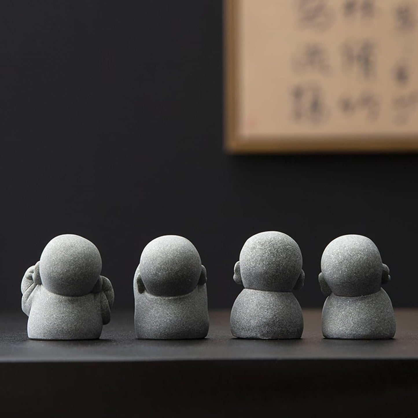 Laughing Buddha Statue Decor - 4Pcs Small Zen Monk Sandstone Buddha Sculpture for Wealth Good Luck Feng Shui Decor, Cute Zen Decoration for Home Office Desk Indoor and Outdoor(Gray)