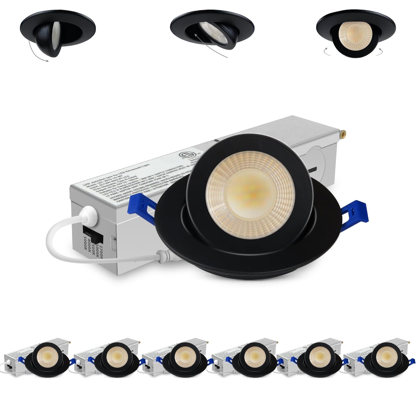 Adetu 2 Inch 5Cct Gimbal Black Led Recessed Lighting With Junction Box  360?90?Adjustable Led Recessed Lights  2700K/3000K/3500K/4000K/5000K  5W Eqv 50W  550Lm Brightness - Etl (Black  6 Pack)