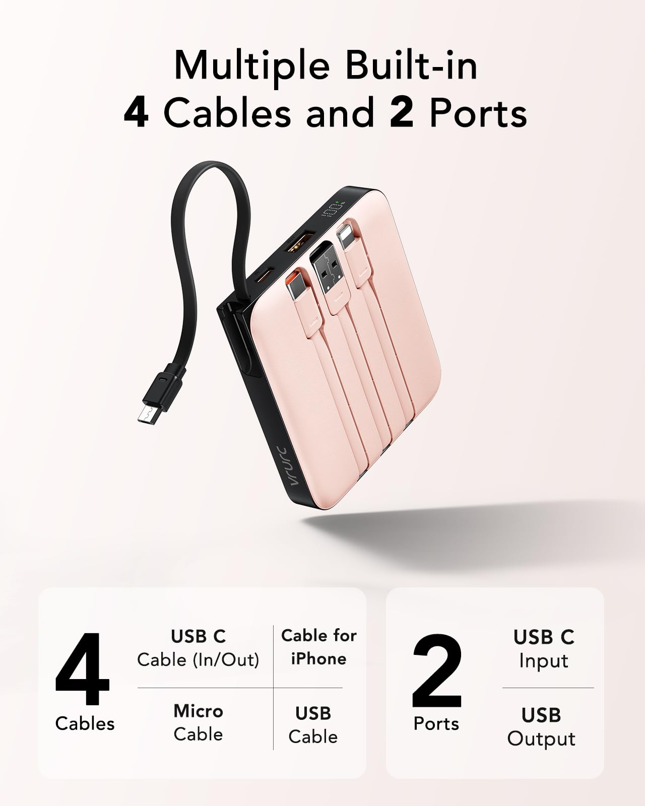 Vrurc 20000Mah Power Bank Built-In Cables, Travel Essentials, Portable Charger 22.5W Fast Charging Usb C Battery Pack, Phone Bat