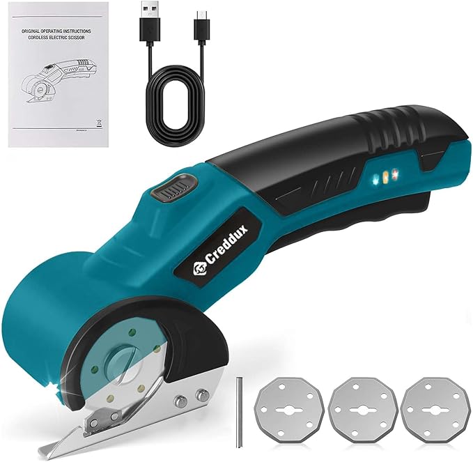 Cordless Electric Scissors，Cardboard Cutter Heavy Duty Scissor with 3 Blade, Safety Lock & Extra Blade，Rotary Cutter for Cardboard Fabric Plastic Leather Dark Blue