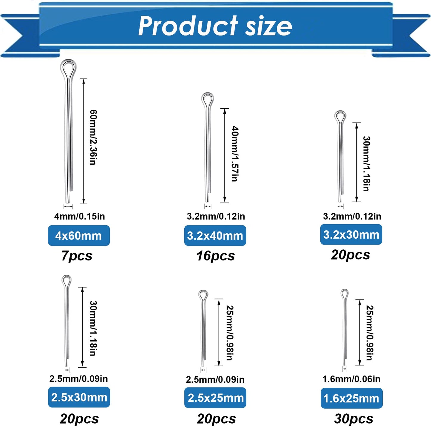 Eoppen Cotter Pin Assortment Kit - 304 Stainless Steel 13 Sizes Cotter Pins & R Clips Cotter Pin Set for Hitch Pin Lock Systems