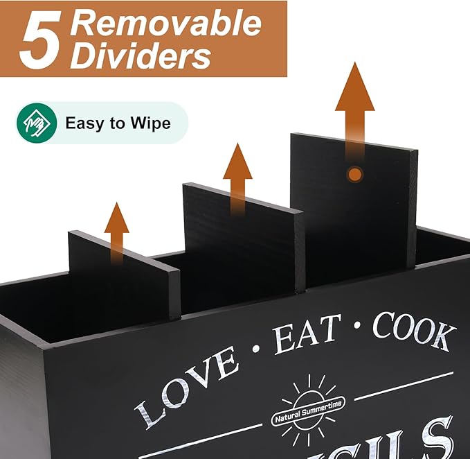 2 Pack Utensil Holder, 6.7"+6.18" Wooden Utensil Holder for Kitchen Countertop, Large Wood Utensil Organizer with Partition for Silverware and Cooking Storage, Farmhouse Kitchen Decor