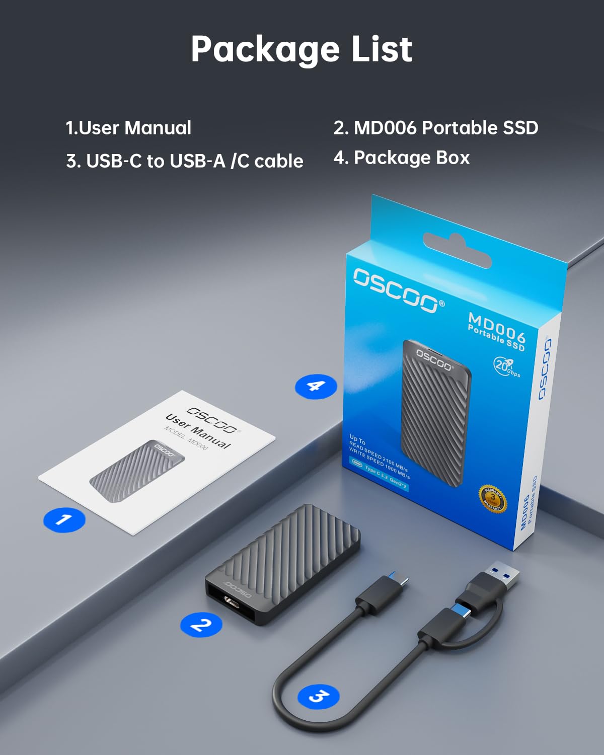 OSCOO 4TB Portable SSD, Up to 2000MB/s, USB 3.2 Gen 2x2 External Solid State Drive, Dual USB-C&A, Compatible with iPhone 15/16/14, Android, Mac, Laptops, Tablets, Smart TVs, Cameras, Game Consoles