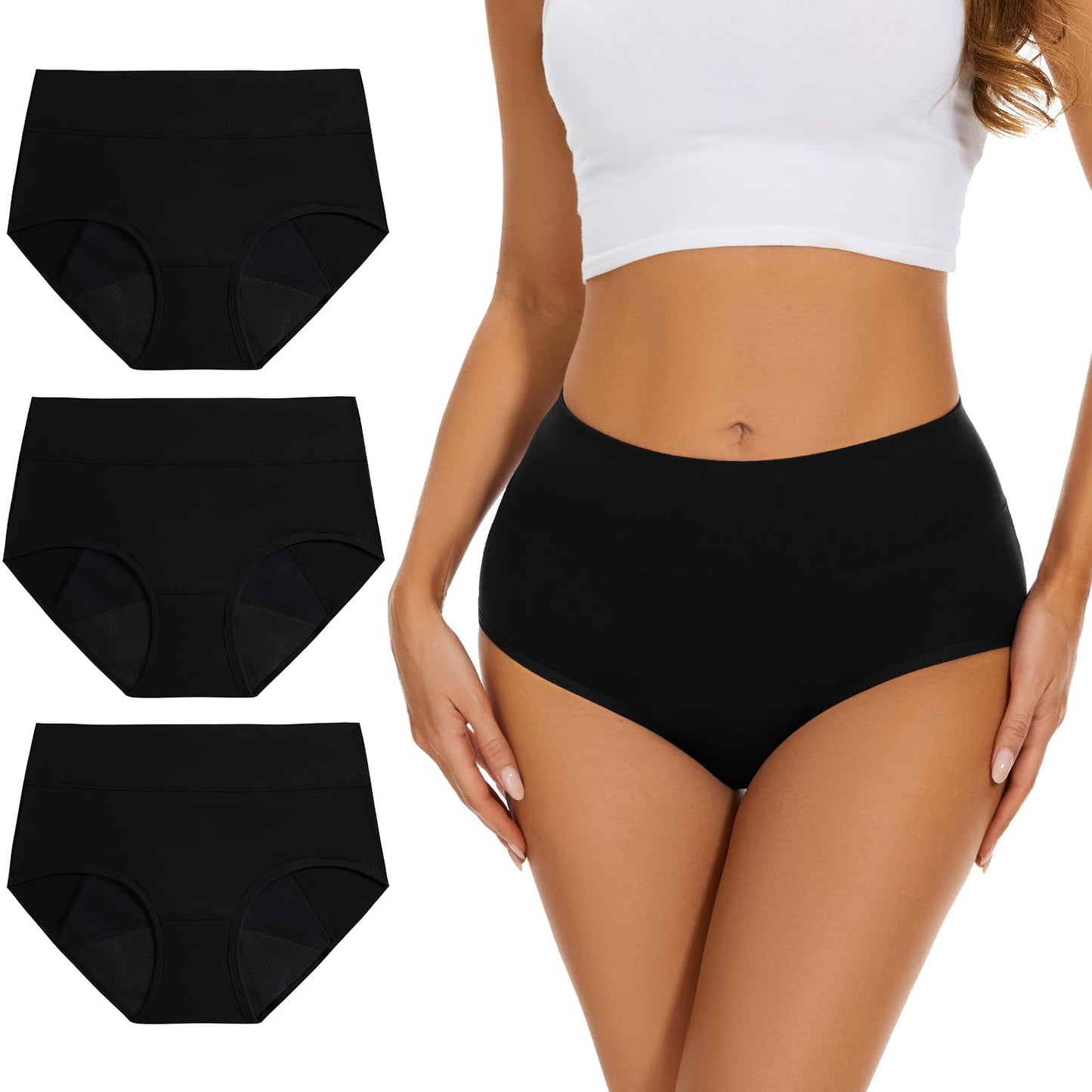 Allbase Incontinence Underwear for Women High Absorbency Period Panties Ladies Leakproof Protective Menstrual Postpartum Bladder Control Washable Cotton Briefs Black Multipack Plus Size