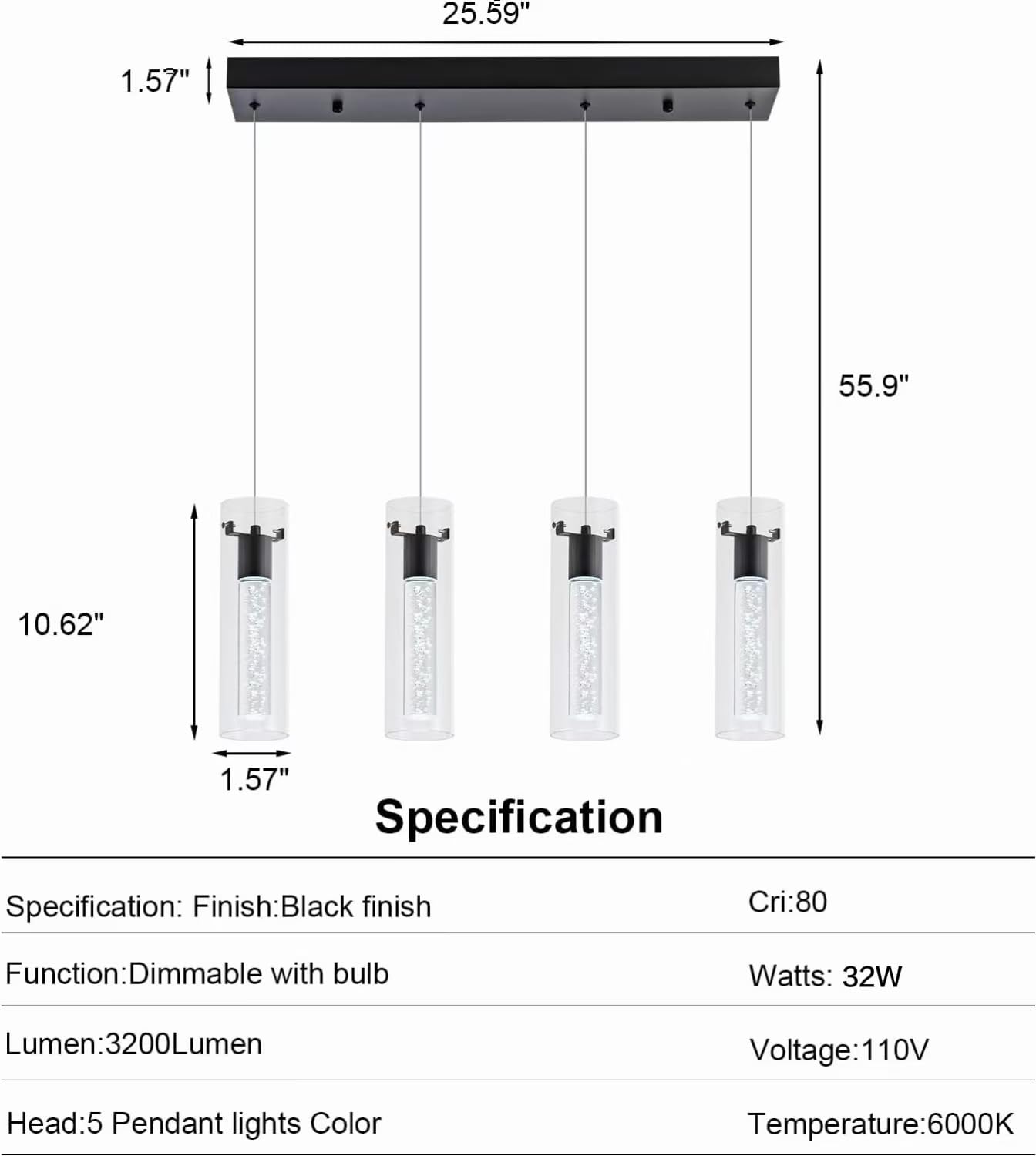 votag Pendant Light Fixtures, 4-Light Dimmable Aluminum Pendant, Black Finish, Model PI-0172A4-32W-BK