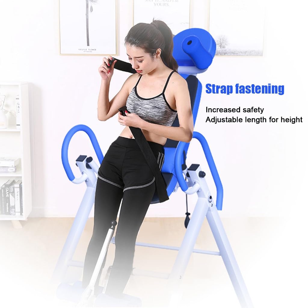 Gravity Heavy Duty Inversion Table with Headrest & Adjustable Protective Belt Back Stretcher Machine for Pain Relief Therapy (Color : Blue)