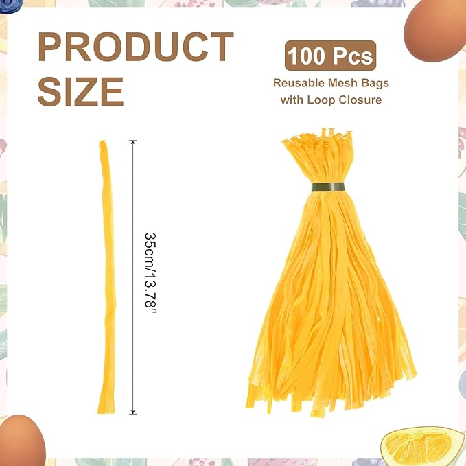 uxcell 100Pcs Reusable Produce Mesh Bags, 35cm Mesh Plastic Netting, Stretchable Egg Hatching Bags for Fruit Vegetable Storage, Yellow