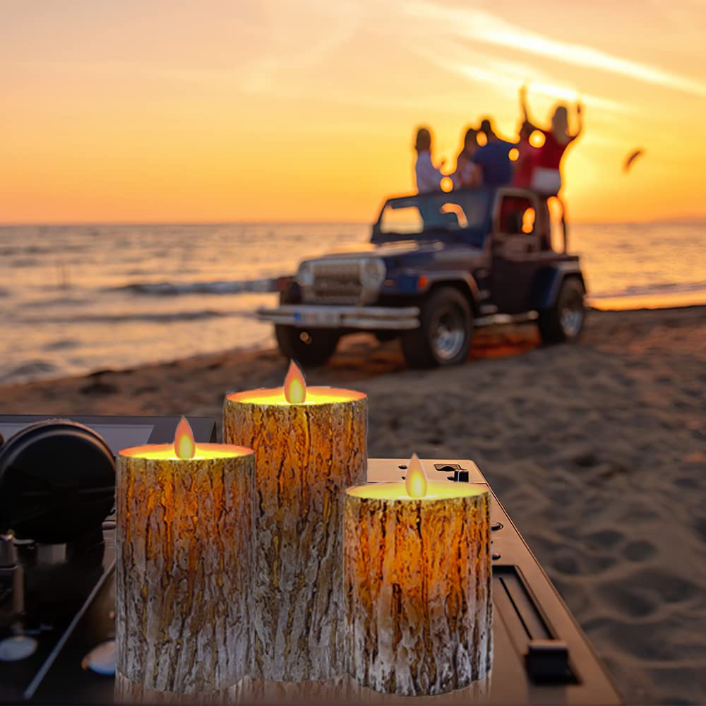 Mivitoom Pine Bark Led Flameless Pillar Candles Battery Operated With Flickering Warm Yellow Light Moving Wicks, Pack Of 3 (D 3