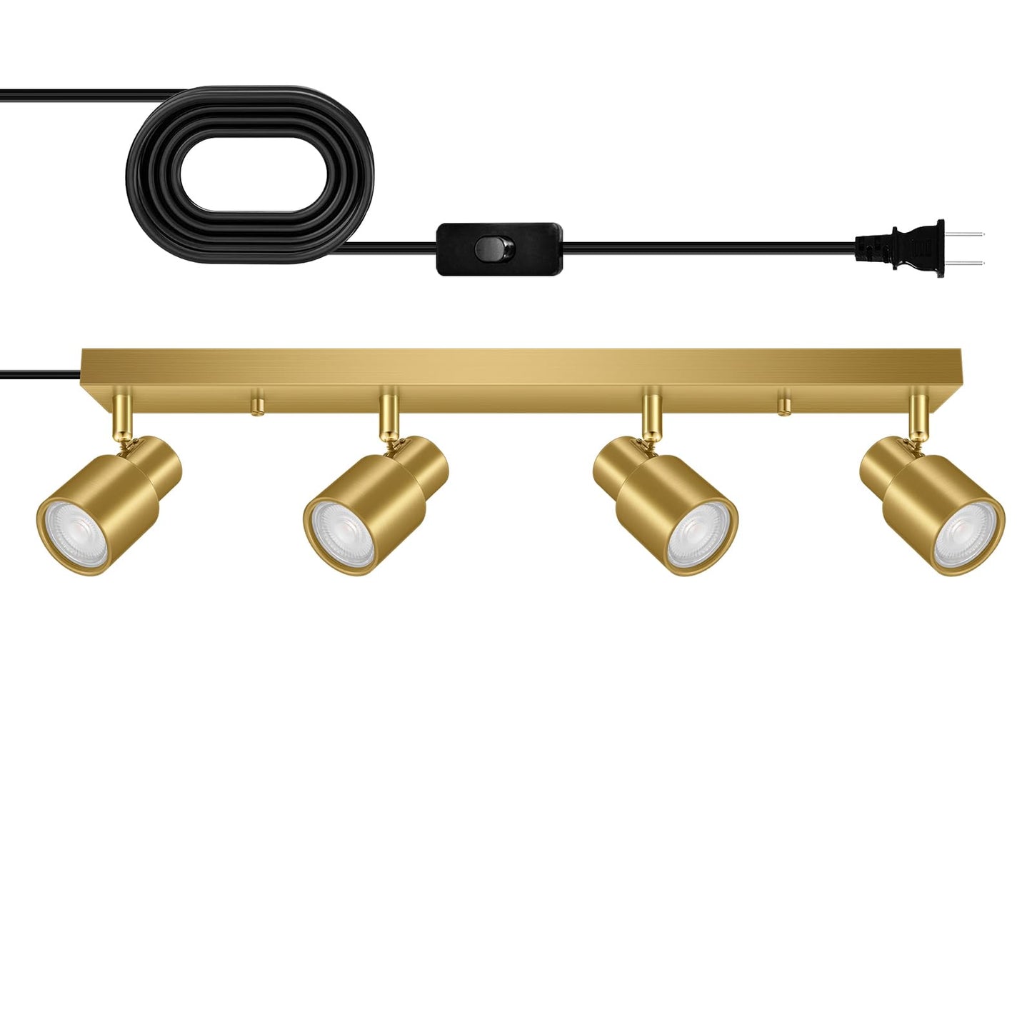 Plug in Track Lighting, 23" LED Track Light Fixtures Ceiling, Gold 4 Way Spotlight, Rotatable Light Head, Plug in Ceiling Light with Power Cord, Plug Wall Light for Kitchen Hallway Bar(GU10, NO Bulb)