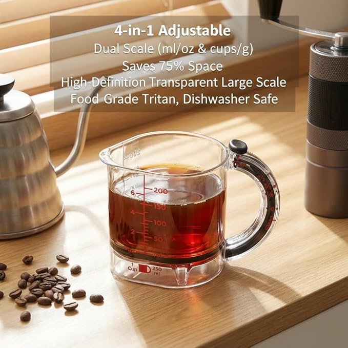 4-in-1 Adjustable Measuring Cup with Scraper Lid & Push-Up Base, Multi-function 1 Tbsp to 1 Cup Kitchen Tool for Sticky Ingredients, Baking & Cooking, Space Saving Design (Size Options) (2)