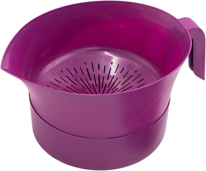Colander Grease Strainer With Handle And Container, Catch Bowl With Lid 3 Piece Strain Set | Strains Ground Beef, Bacon & Pasta | Safe Kitchen Gadget BPA Free | Made In The USA (Purple)