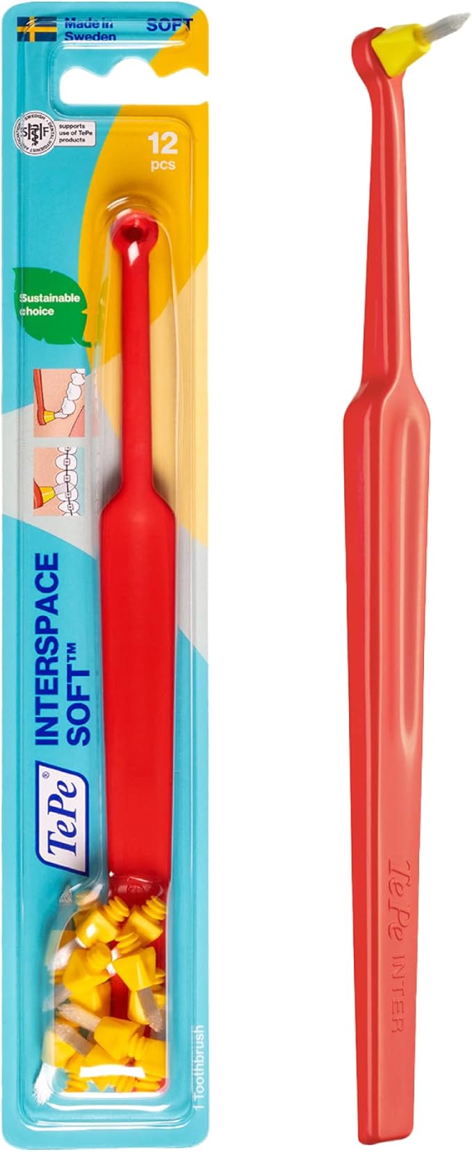 TePe Interspace Angled Soft Toothbrush for Braces with Single-End Tuft and Removable Head, 12 Pack