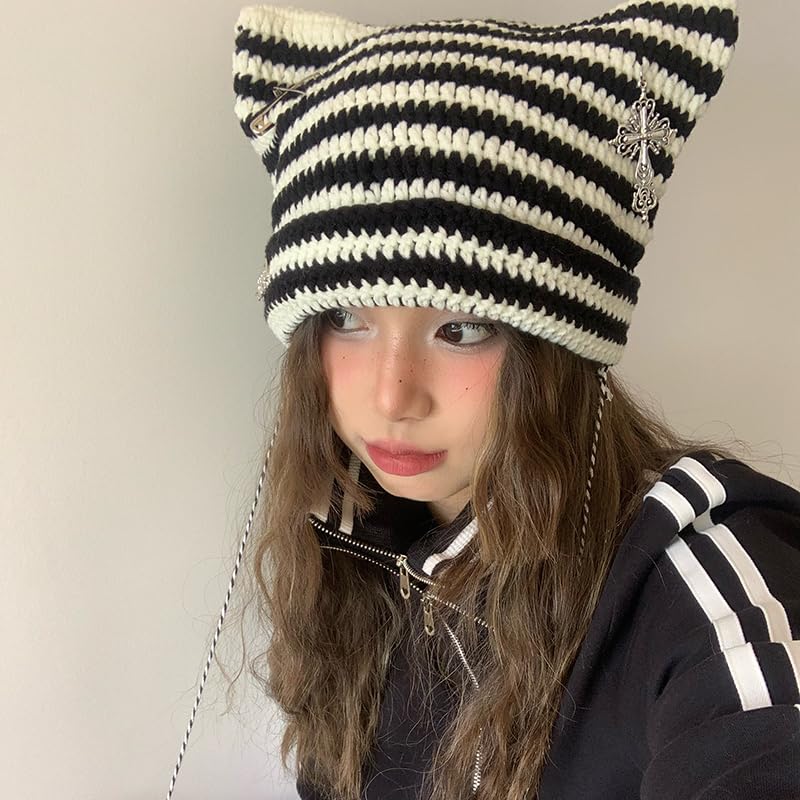 Y2k Beanies Crochet Knitted Cat Hats Goth Cross Devil Hat Striped Alt Emo Accessories Grunge Y2k Aesthetic Clothes (Gray,One Size)