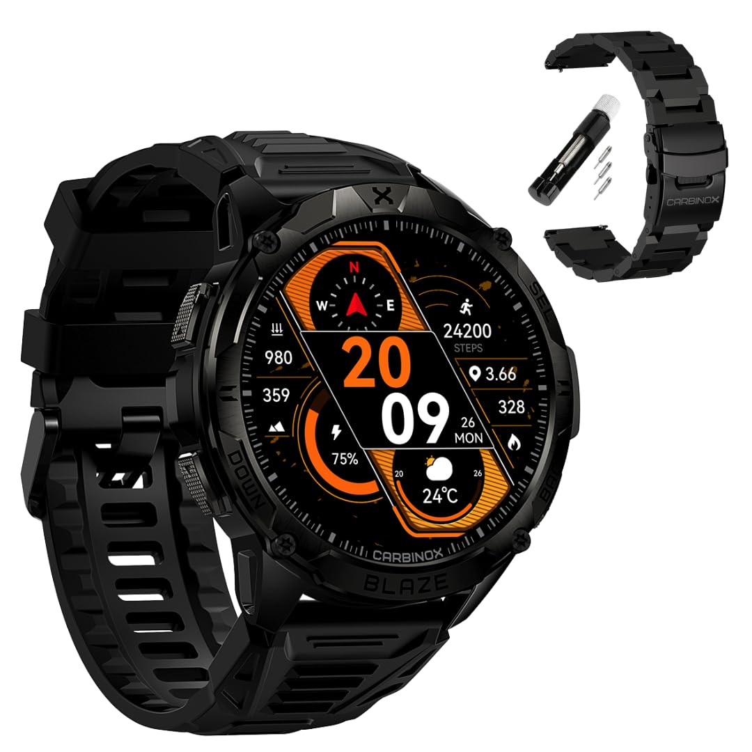 CARBINOX Blaze Smart Watch with Metal Band 22 mm GPS, Rugged Fitness Tracker Waterproof IP69K, Compatible with Android and iOS, 170+ Sports Modes, Make/Receive Calls (Round)