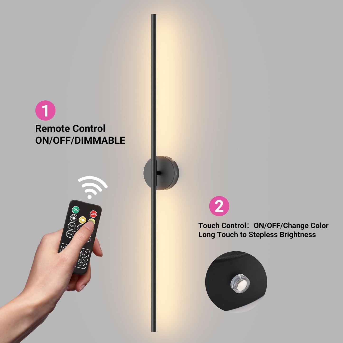 Tipace Dimmable Battery Operated Wall Sconces Set of 2, Black LED, 39.4 Inch, Model GW9825