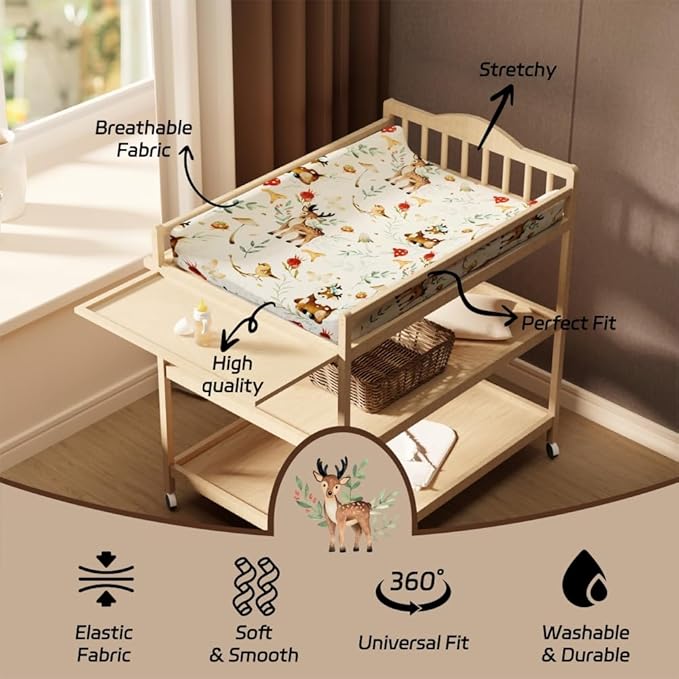 4 Pack Changing Pad Covers Woodland Forest Animals Wood Neutral Unisex Fitted Baby Changing Pad Cover Set for Baby Boys or Girls (Beer)