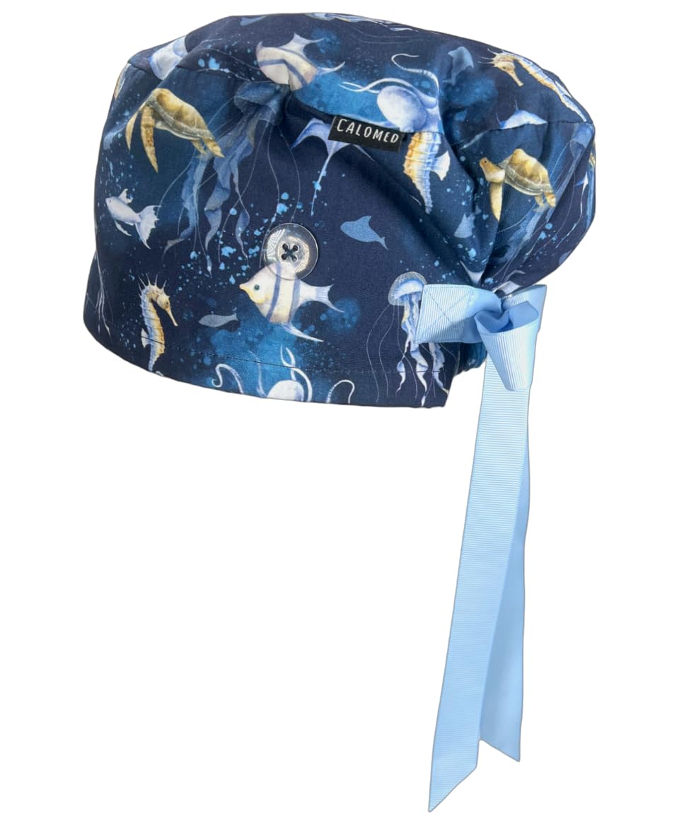 CALOMED Scrub Cap for Women and Men, Euro Style Scrub Caps, with Ribbon Ties & Buttons, Long or Short Hair (Watercolor Ocean Cre