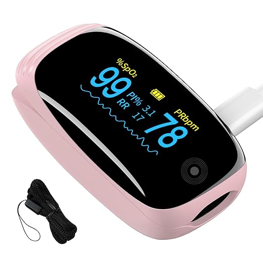 Fingertip Pulse Oximeter with Respiration Rate Monitoring, SpO2, Heart Rate, PI & RR Measurements, Blood Oxygen Rechargeab...