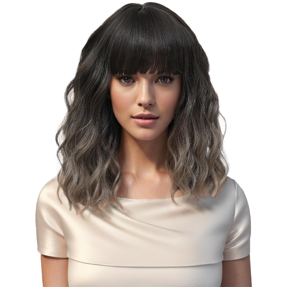 Short Wavy Gray Wig with Bangs 14inch Ombre Grey Highlight Brown Wigs for Women Short Curly Bob Wigs Synthetic Natural Looking H
