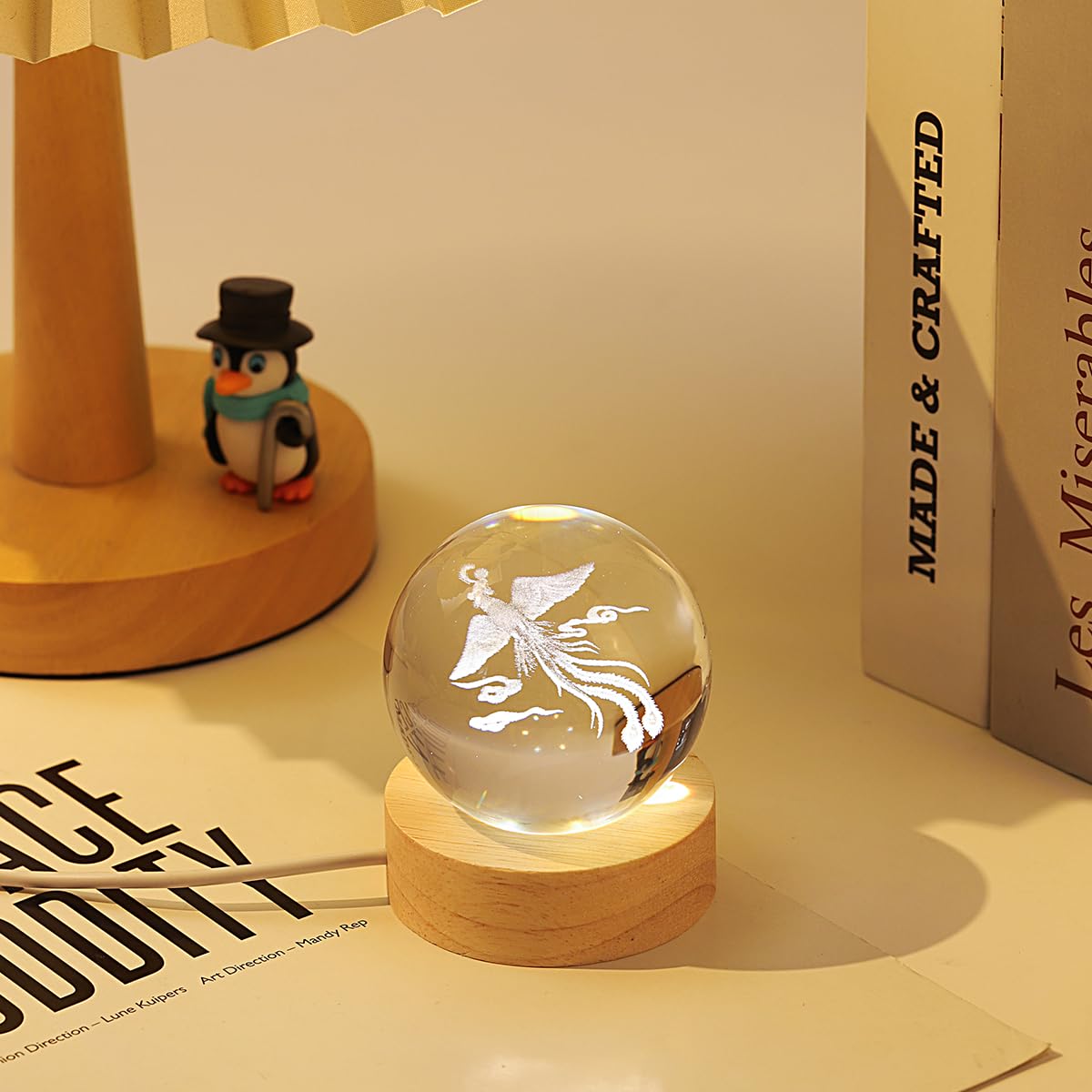 Hochance 3D Phoenix Crystal Ball Lamp With Adjustable Brightness Led Wooden Base Night Light For Kids Teens mature-themeds Birthday Gift Home Desk Office Bedroom Decor (6Cm / 2.4 )