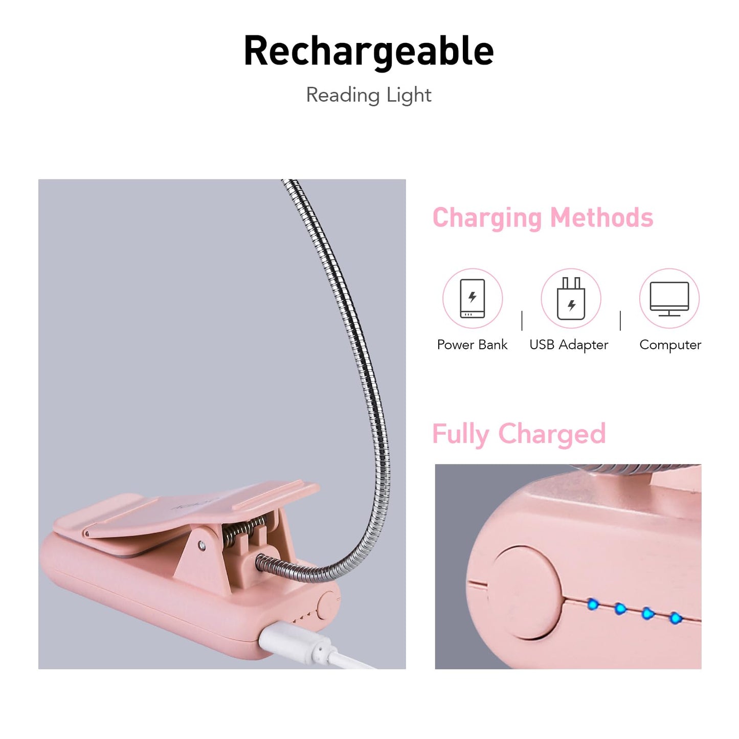 VAVOFO Rechargeable Book Light, Amber 1600K, 7 LEDs, Clip On, 1-Pack, Pink, Model KM-6720A