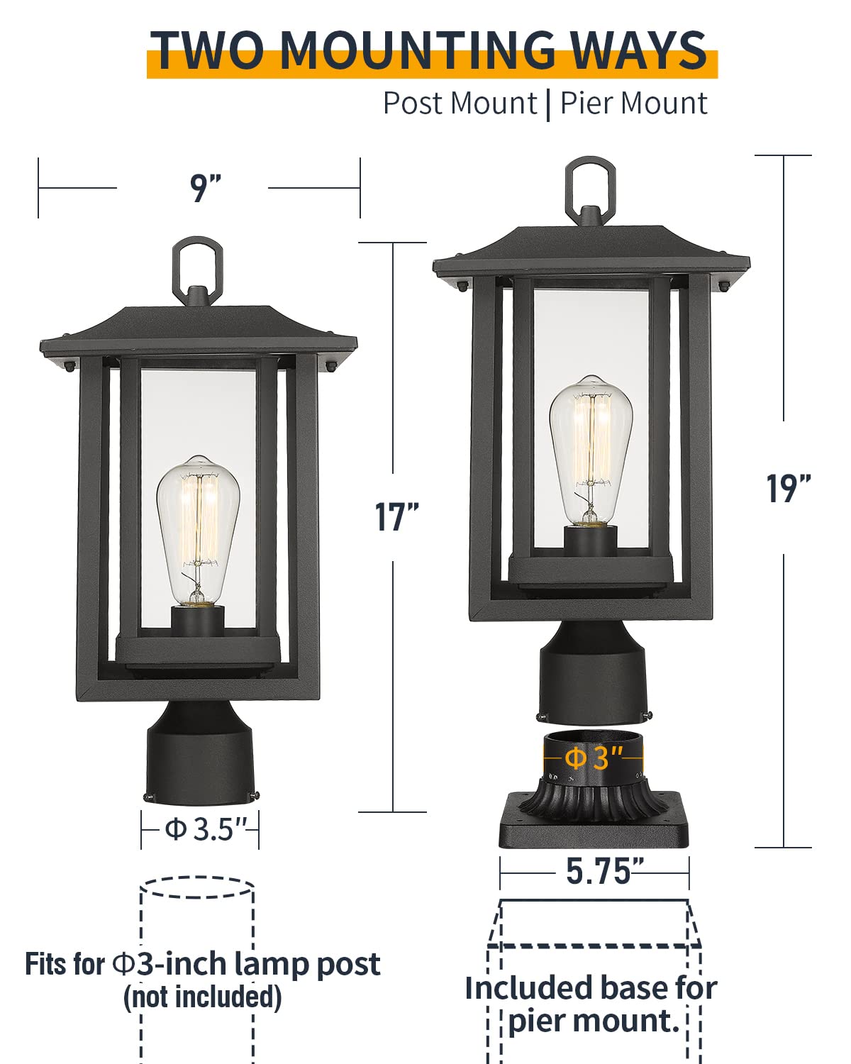Beionxii Outdoor Post Light - Large Black Aluminum Lantern With Clear Glass (19 X 9), Model A197P-1Pk