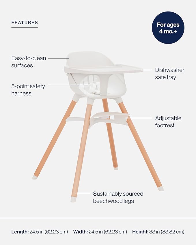 Lalo The 3-in-1 High Chair Kit - Convertible Wooden High Chair for Babies & Toddlers with Infant Support, Cushion, Booster Conversion Kit & Play Legs, Adjustable Footrest - Coconut