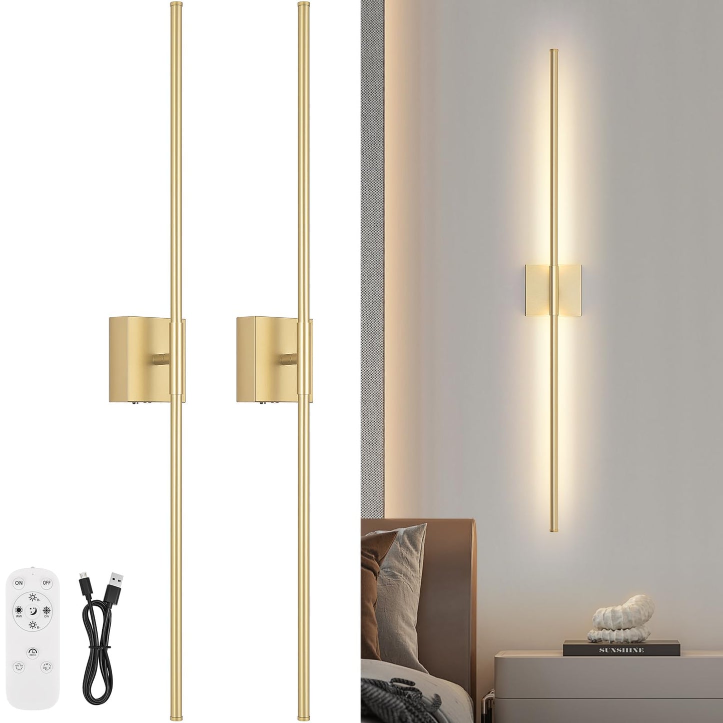 JZEKVN Battery Operated Wall Sconce Set of Two, Dimmable 3000K-6000K, 39.4in Gold Metal, Wireless with Remote Control, Model