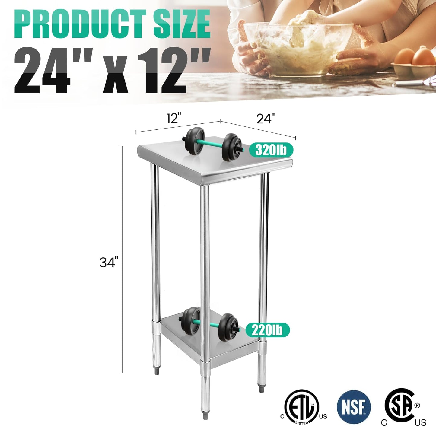 STABLEINK NSF Stainless Steel Table, 24 x 12 Inches Small Metal Prep & Work Table with Adjustable Undershelf, for Commercial Kitchen, Restaurant, Hotel and Garage