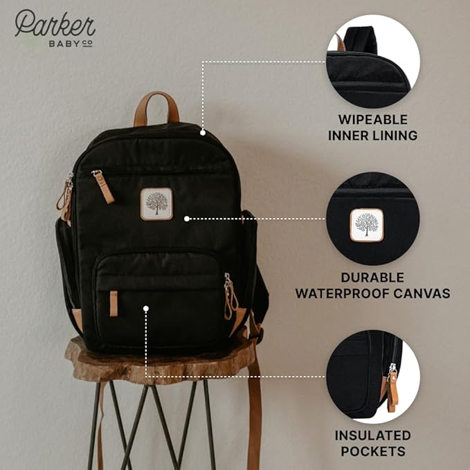 Parker Baby Co. Diaper Backpack - Full Zip Diaper Bag with Insulated Pockets - Black