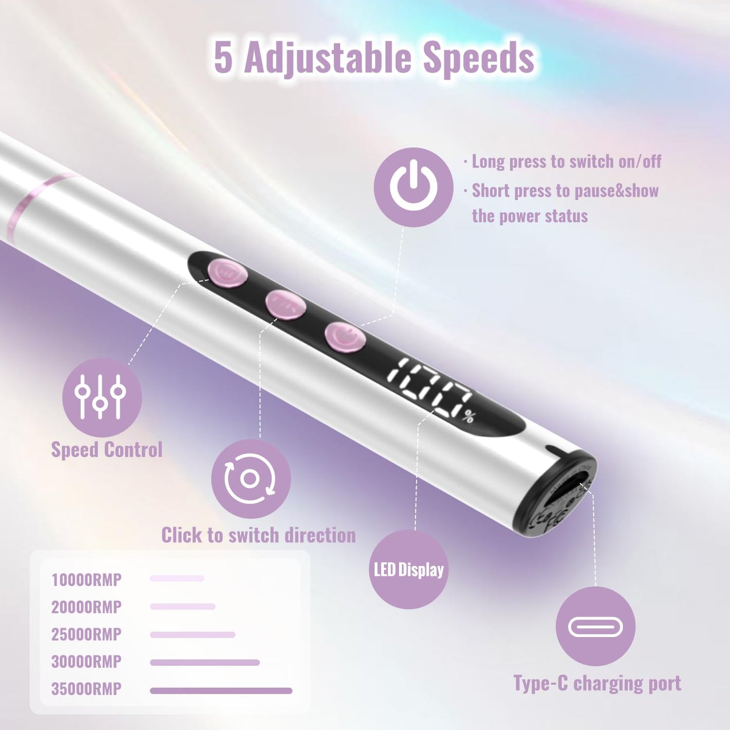 Denabuty Electric Nail Drill Cordless, 35000RPM Portable Electric Nail File with LCD Display and 12 Nail Drill Bits for Acrylic