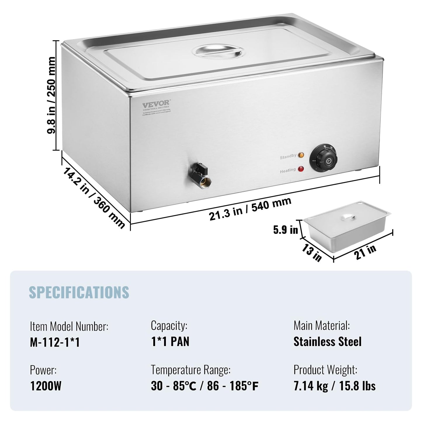 VEVOR Commercial Food Warmer, 1 Pan 24QT Electric Steam Table, 1200W Professional Countertop Stainless Steel Buffet Bain Marie with 86-185°F Temp Control for Catering and Restaurants, Silver