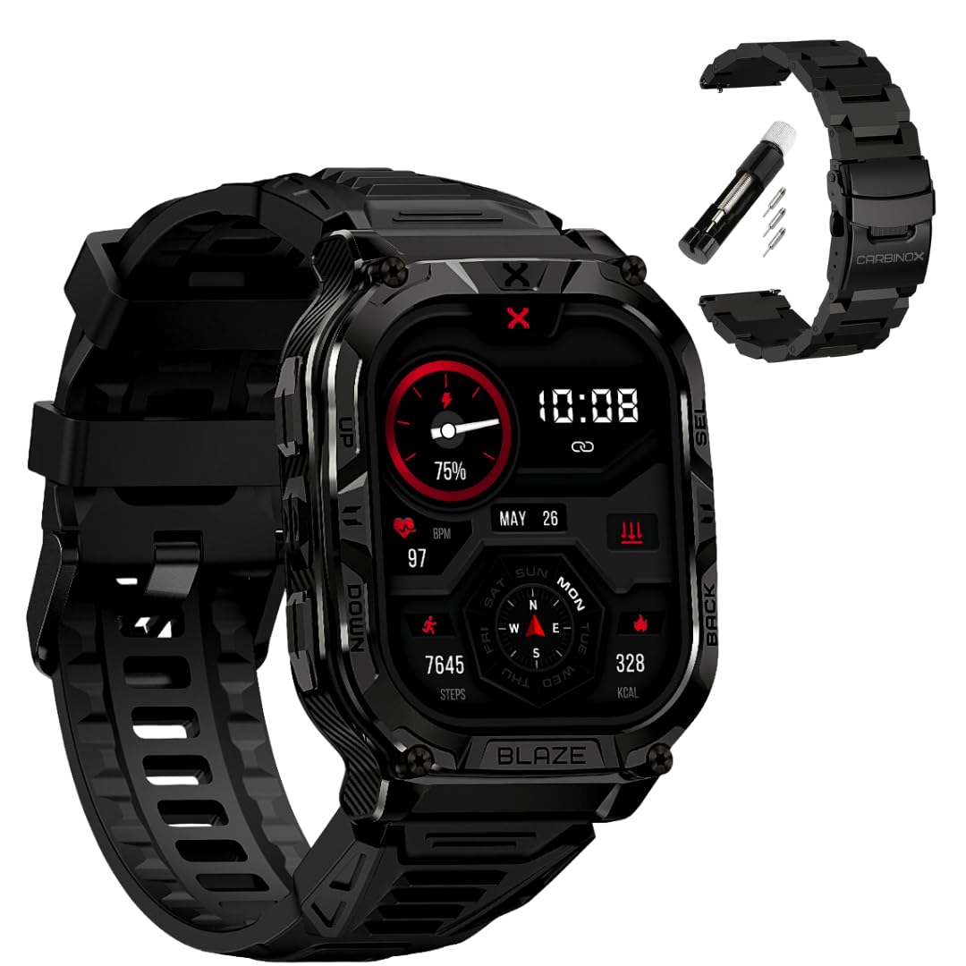 CARBINOX Blaze Smart Watch with Metal Band 22 mm GPS, Rugged Fitness Tracker Waterproof IP69K, Compatible with Android and iOS, 170+ Sports Modes, Make/Receive Calls (Square)