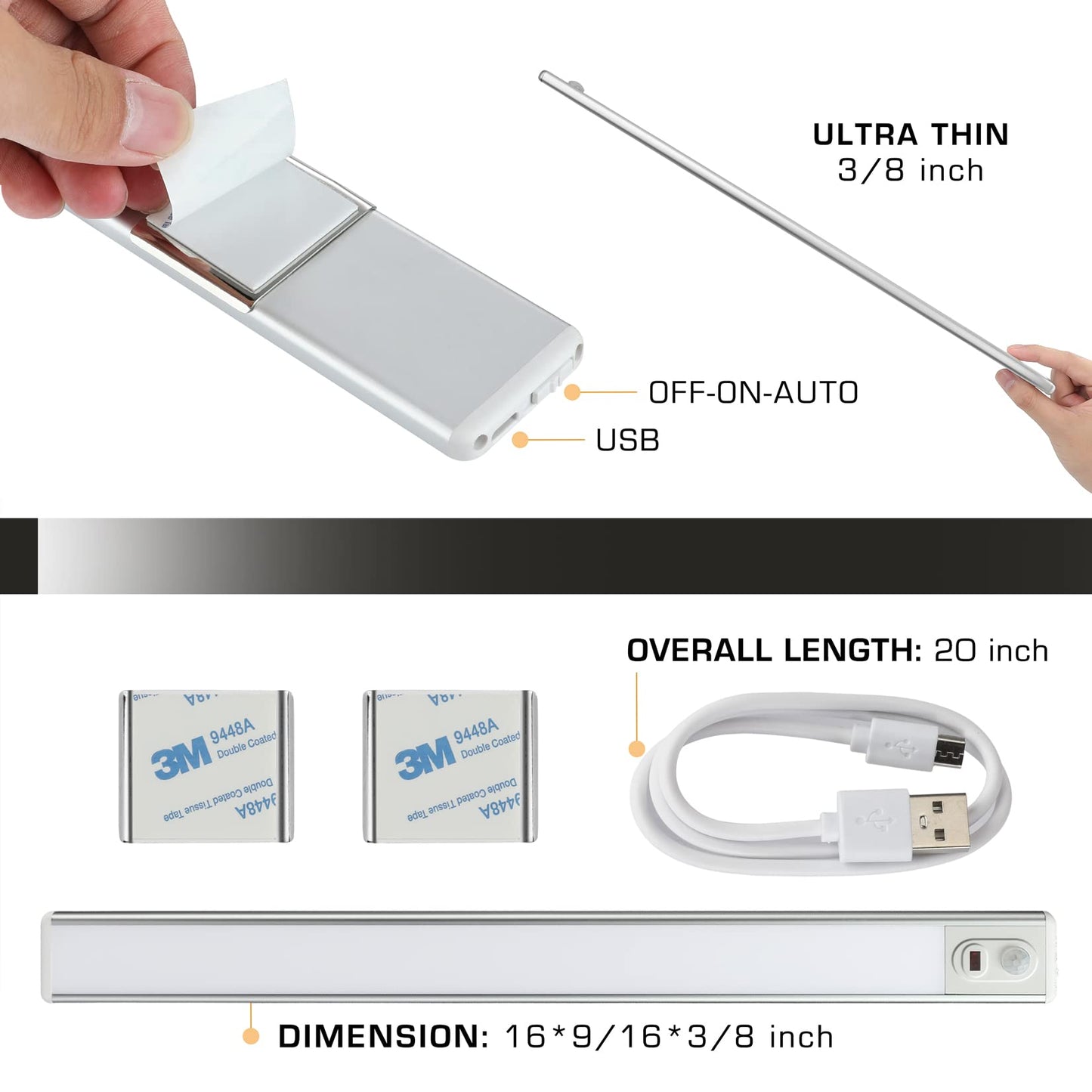 Everbrite 70Led Dimmer Under Cabinet Lighting, Motion Sensor, 2-Pack, White, Ultra Thin Design, 300 Lumen, 6000K
