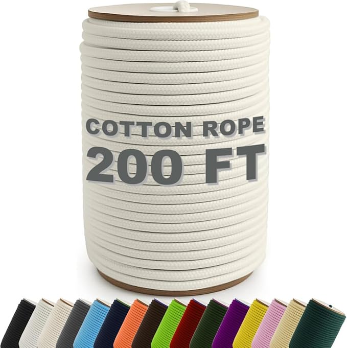 PerkHomy 200 Feet Cotton Rope 3/16" (5mm) Multi Purpose Utility Diamond Braided Cord, Natural Cotton for Clothes Line Camp...