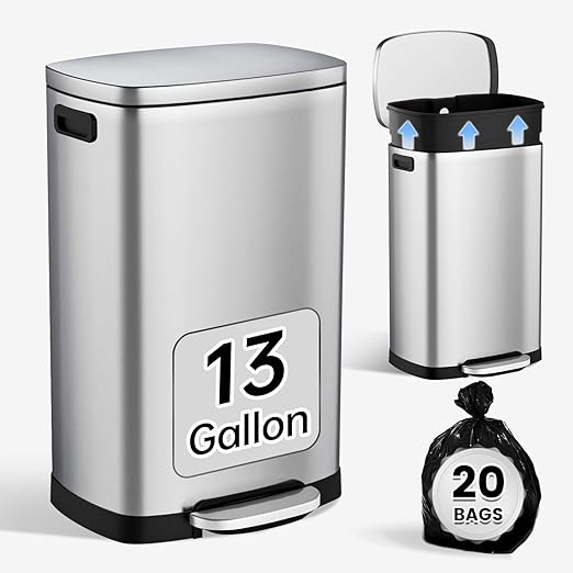 ELPHECO Kitchen Trash Can with Lid Soft Close, 13 Gallon / 50L Stainless Steel Pedal Garbage Can, Heavy-Duty Fingerprint Proof Step Wastebasket with 20 Bags, Removable Bucket, Home Office, Silver