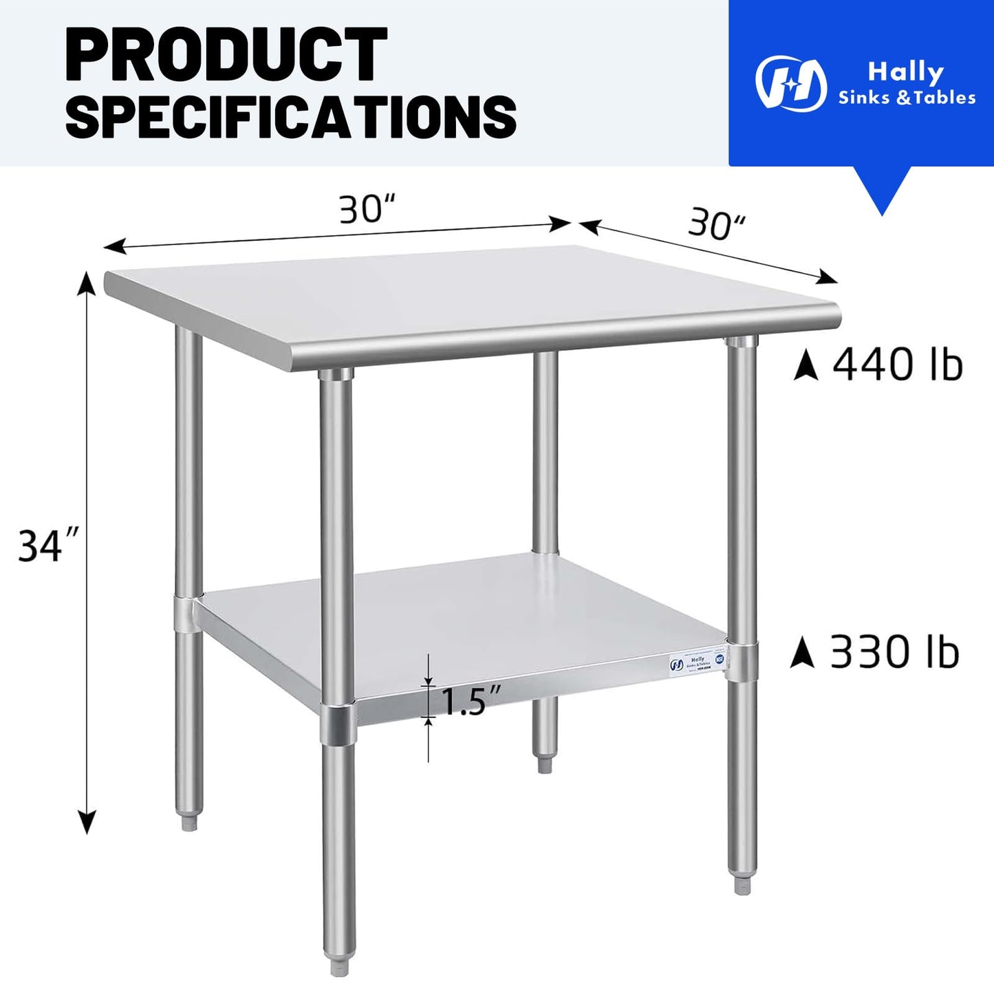 Hally Stainless Steel Table for Prep & Work 30 x 30 Inches, NSF Commercial Heavy Duty Table with Undershelf and Galvanized Legs for Restaurant, Home and Hotel