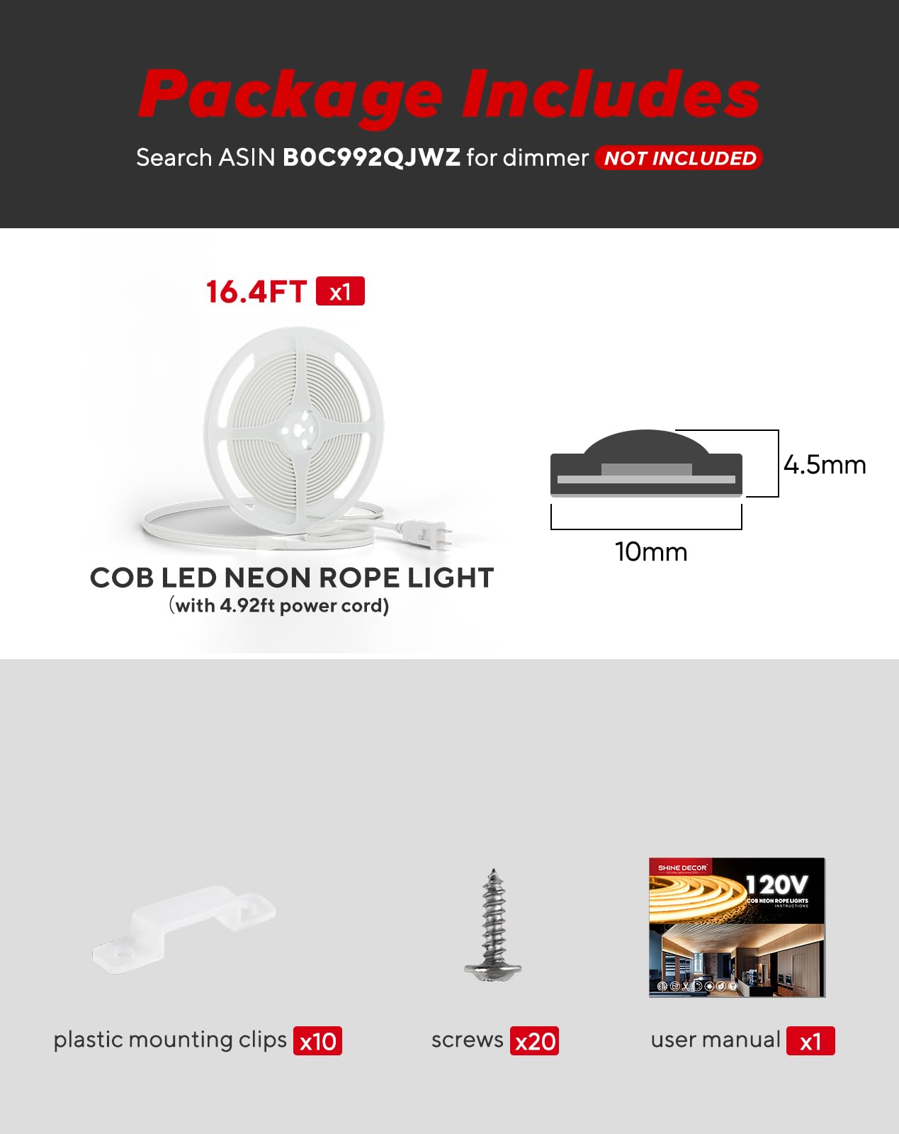 Shine Decor Cob Led Rope Light Ac 120V  800Lm Ultra Bright  Ip65 Waterproof Cold-Resistant Etl Neon Strip  No Driver Tape Lighting For Home Commercial 10X4.5Mm  6000K Cool White  16.4Ft