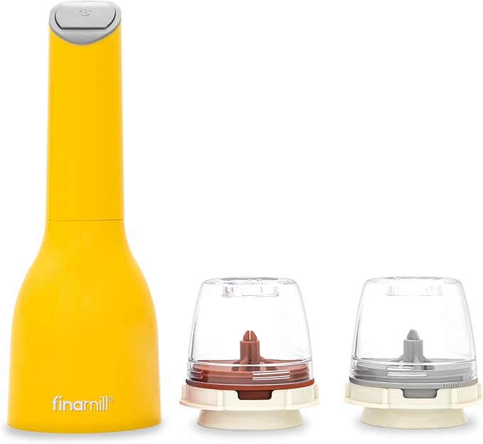 FinaMill Classic Battery Spice Mill – Battery Operated Salt and Pepper Grinder Set, Includes 2 Interchangeable Spice Pods, Adjustable Coarseness, Ceramic Grinder, LED Light, Kitchen Gifts for Women