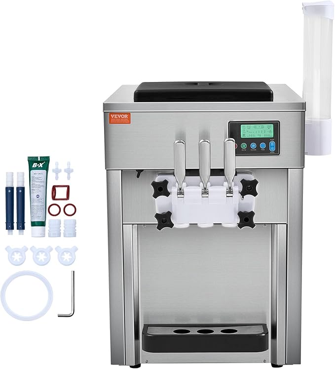 VEVOR Commercial Ice Cream Machine, 21 QT/H Yield, 1800W 3-Flavor Countertop Soft Serve Ice Cream Maker, 2 x 4L Hopper 2 x 1.8L Cylinder, LCD Panel Auto Clean Pre-cooling, for Restaurant Snack Bar