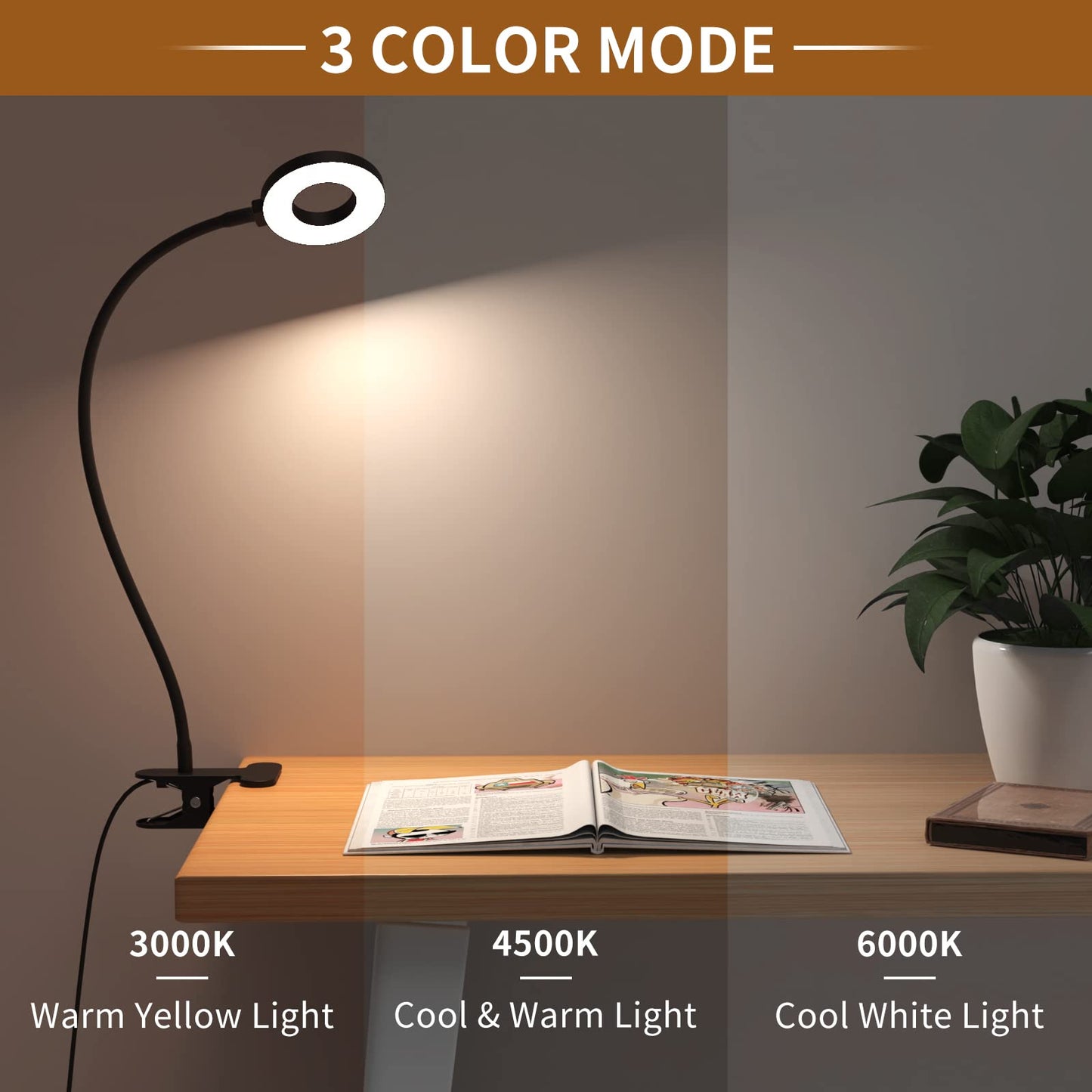 Izell Led Desk Lamp With Clamp, 3 Color Modes, 10 Brightness Levels, 15.8 Black, Flexible Gooseneck Reading Light For Kids