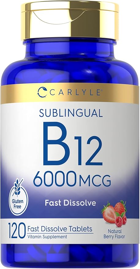 Carlyle Vitamin B-12 6000mcg | 120 Fast Dissolve Tablets | Natural Berry Flavor | Cyanocobalamin & Methylcobalamin | Vegetarian, Non-GMO, and Gluten Free Sublingual Supplement