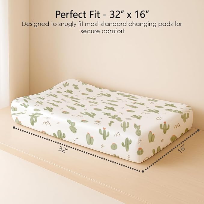 Changing Pad Cover for Baby Boys Girls 2 Pack, Fits Standard 32”×16” Changing Table Pads, Silky Breathable Stretch Knit, Machine Washable (Cactus Cozy)