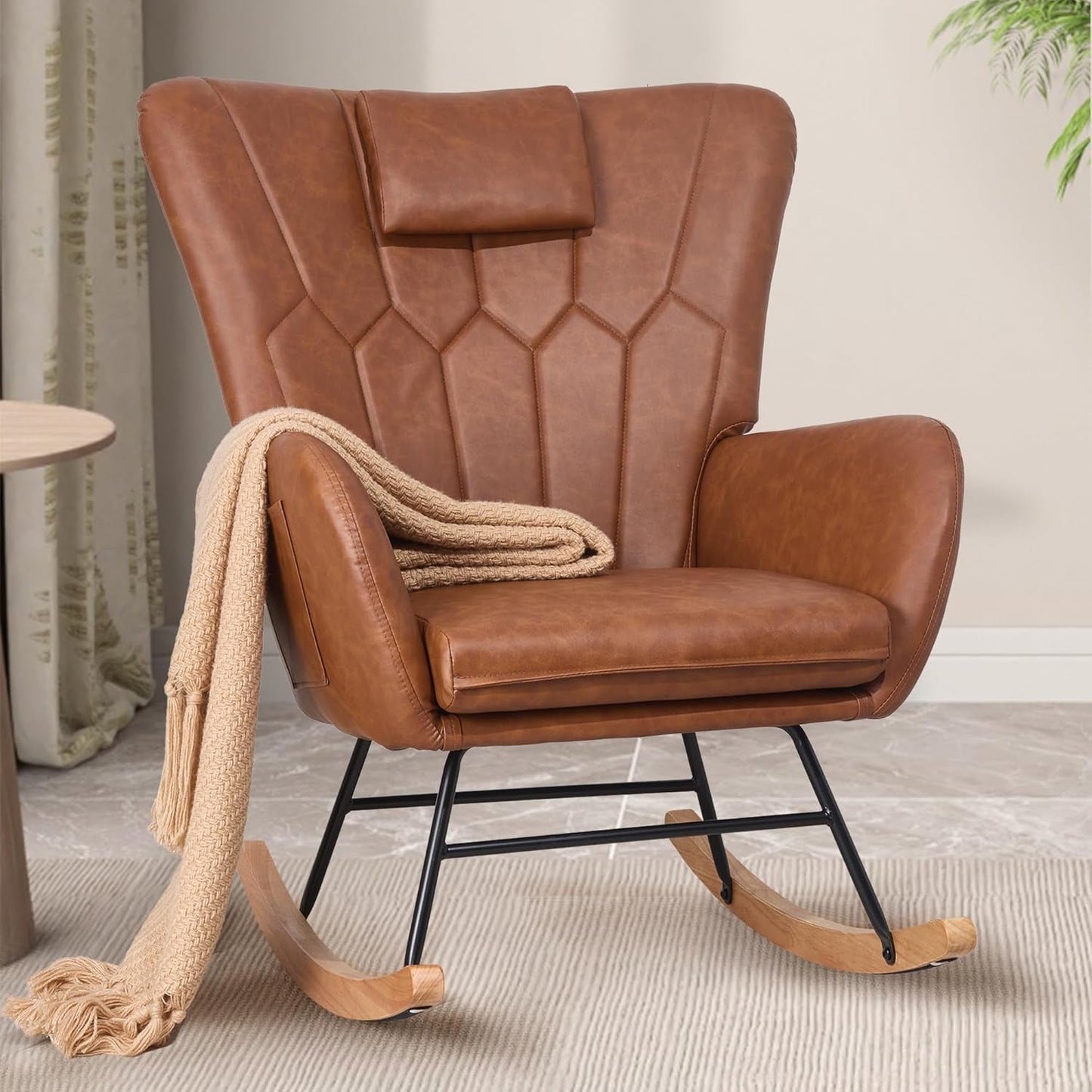 Rocking Chair Nursery with Thick Headrest, Modern PU Upholstered Reading Glider Rocker Accent Armchair with High Backrest, Padded Seat, Side Pocket, for Livingroom, Bedroom, Baby Room, Brown