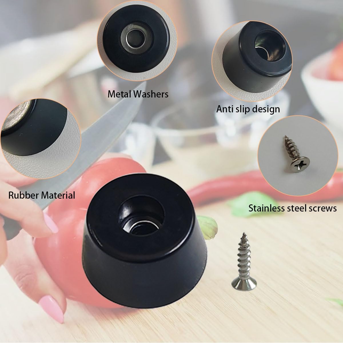 20 PCS Black Rubber Feet Pad with Stainless Screws, Non Slip Rubber Bumper Feet, Black Rubber Feet for Cutting Board, Cutting Board Feet Non Slip, Cutting Board Rubber Feet (0.51" H x 0.78" D)