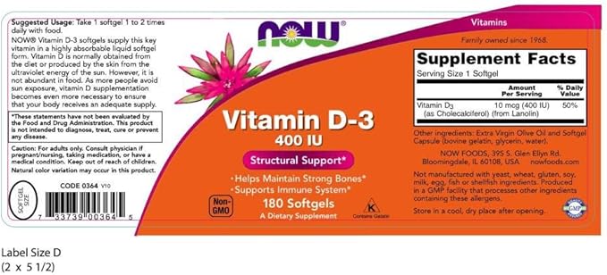 NOW Vitamin D-3 400IU, 180 Softgels (Pack of 3)