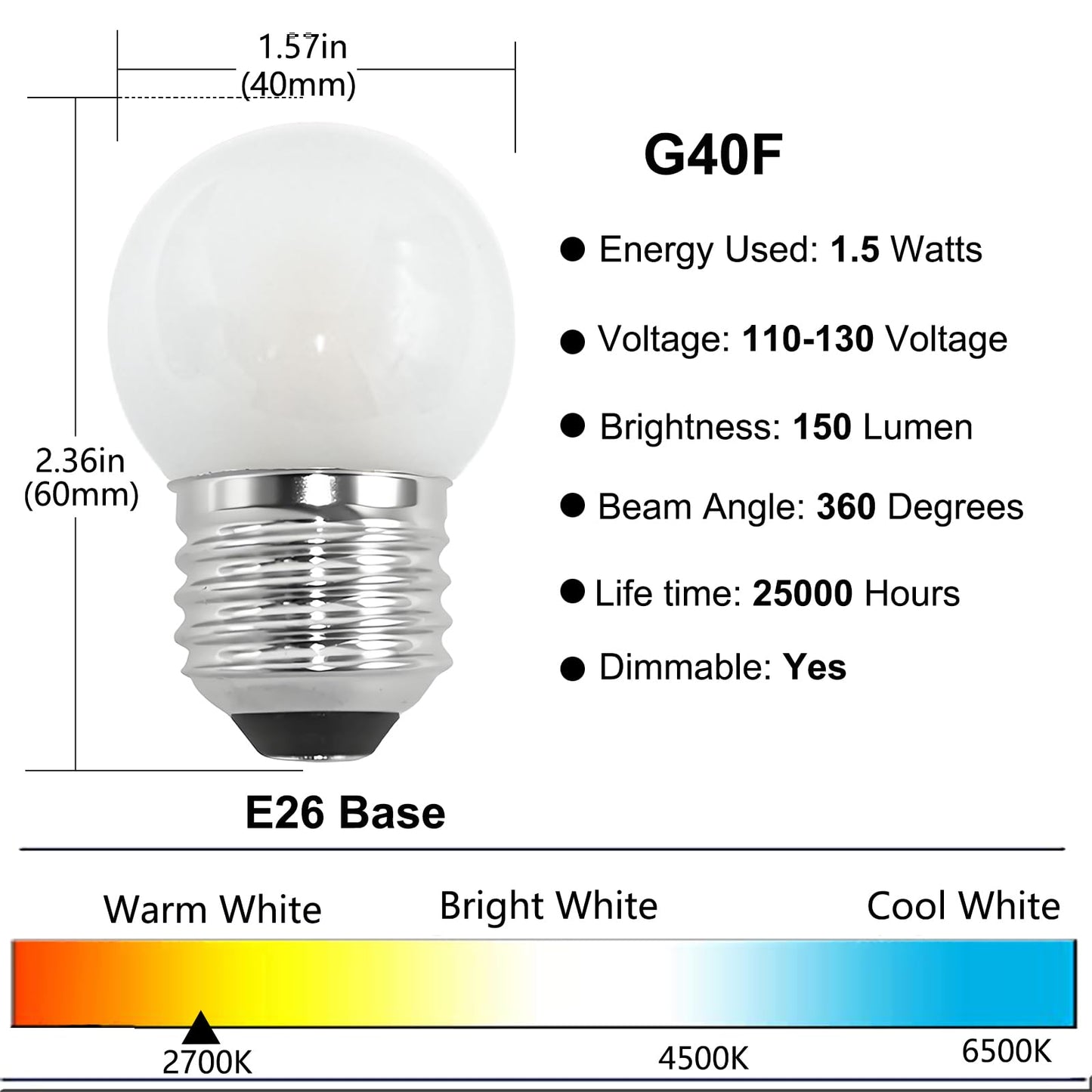 PaeorRorL LED G40 Light Bulb,15W Equivalent,1.5W E26 Base Low Power Light Bulbs for Night Light Bathroom Bedside Accent Lamps Appliance Bulb,Frosted,150 Lumen, 2700K Warm White, CRI 90+,Pack of 4